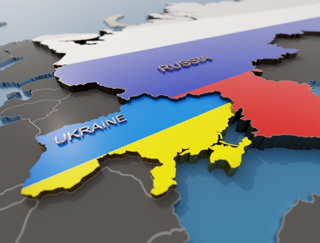 Eine 3D Karte mit hervorgehobener Ukraine und Russland Landschaft